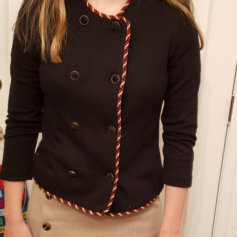 Vintage 90's double breasted black sweater blazer with gold and maroon rope trim